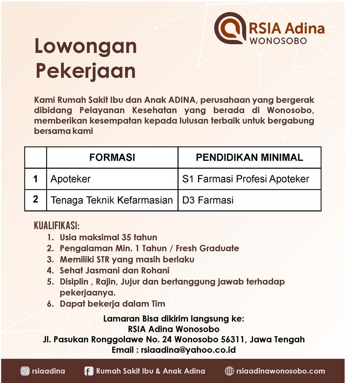 TENAGA TEKNIS KEFARMASIAN DI RSIA ADINA WONOSOBO